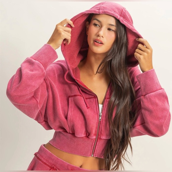 NWT Acid Washed Cropped Zip Up Terry Hoodie Crop Hooded Sweatshirt Dark Red - Picture 11 of 11